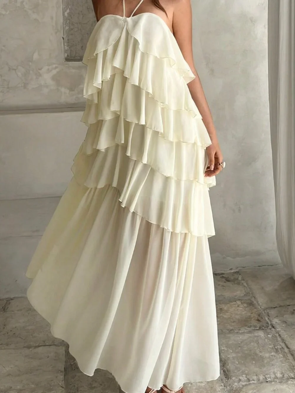 Apricot Boho Women's Elegant Romantic Layered Ruffle Halter Dress - Picture 4 of 7